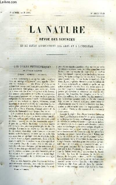 La nature n 261 - Les villes prhistoriques de l'poque Lacustre par Maxime Mlne, Les priodes vgtales de l'poque tertiaire par le comte G. de Saporta, Les nouvelles matires explosibles par Ch. Girard, Sur les effets de la machine rhostatique