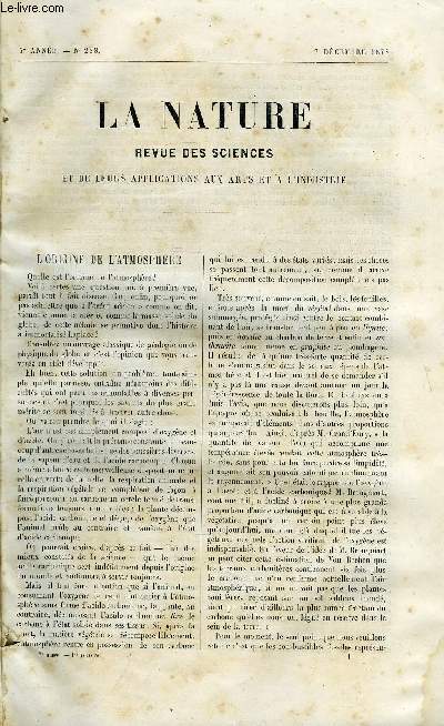 La nature n 288 - L'origine de l'atmosphre par Stanislas Meunier, Le monde des plantes avant l'apparition de l'homme par Cte G. de Saporta, Les lapons au jardin d'acclimatation par Girard de Rialle, Fractionnement de la lumire lectrique