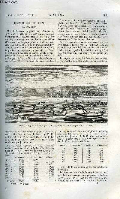 La nature n 358 - Temprature de l'eau des lacs gels par F.A. Forel, Viande phosphorescente, Les puits instantans par Gaston Tissandier, L'anesthsie chirurgicale par Maurice Springer, Les voyages arctiques de M. Nordenskiold par Stanislas Meunier