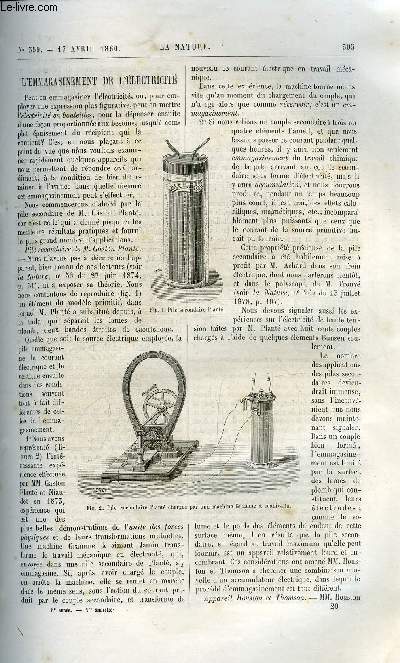 La nature n 359 - L'emmagasinement de l'lectricit par E. Hospitalier, Les vibrations des surfaces liquides par Maurice Girard, Crmeuse centrifuges, L'architecture des oiseaux par E. Oustalet, La physique sans appareils par Gaston Tissandier