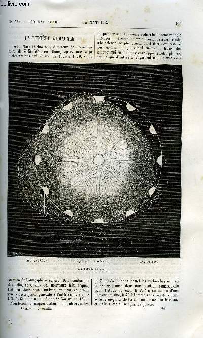La nature n 365 - La lumire zodiacale par F. Zurcher, L'acoustique en projection par Stiegler, Les horloges pneumatiques, la distribution de l'heure a domicile par E. Hospitalier