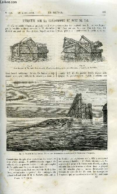 La nature n 378 - L'enqute sur la catastrophe du pont de Tay par L. Bacl, De la vision des nombres par Jacques Bertillon, Une premire leon de l'histoire naturele des animaux par Paul Bert, L'architecture des oiseaux, Les communications tlphoniques