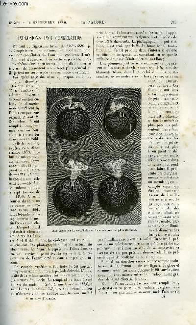 La nature n 379 - Explosions par conglation par Ed. Hagenbach, Le radiographe de M.D. Winstanley par Gaston Tissandier, Une trombe observe a Norwich en Angleterre, Les origines et le dveloppement de la vie par Edmond Perrier, La tlgraphie