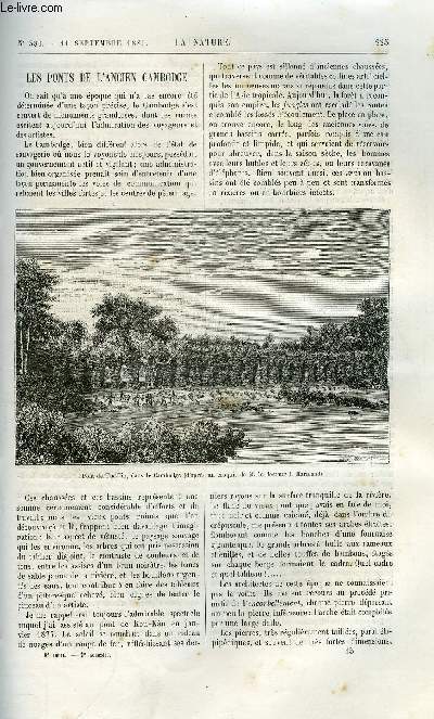 La nature n 380 - Les ponts de l'ancien cambodge par Dr J. Harmand, Compte rendu sommaire d'une exploration zoologique sous marine par Alph. Milen Edwards, Sur les ferments digestifs d'origine vgtale, L'exposition industrielle et artistique