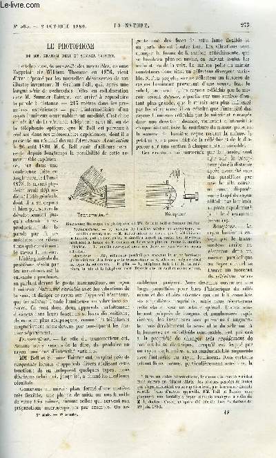 La nature n 383 - Le photophone de MM. Graham Bell et Sumner Tainter par E. Hospitalier, La Guyane franaise et ses produits forestiers olagineux par Dr J. Harmand, La physique sans appareils par Gaston Tissandier, L'enseignement de l'optique