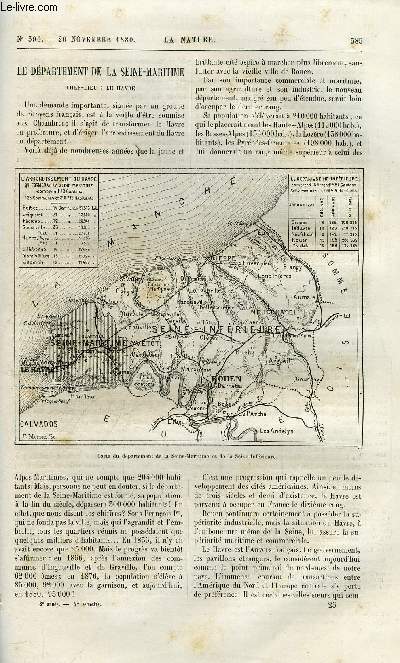 La nature n 390 - Le dparteent de la Seine Maritime par Richard Cortambert, Les progrs de la machine a vapeur, Le moteur a ptrole de M. Brayton, La lumire propre de Jupiter par L. Niesten, Photographie instantane en ballon libre par Paul Desmarets