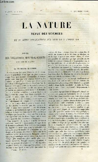 La nature n 392 - Histoire des variations morphologiques d'un type de pantes, le salisburia ou ginkgo par le marquis de saporta, L'enregistrement des improvisations musicales, Les moyens de transport en Indochine, Le portefeuille de Vaucanson