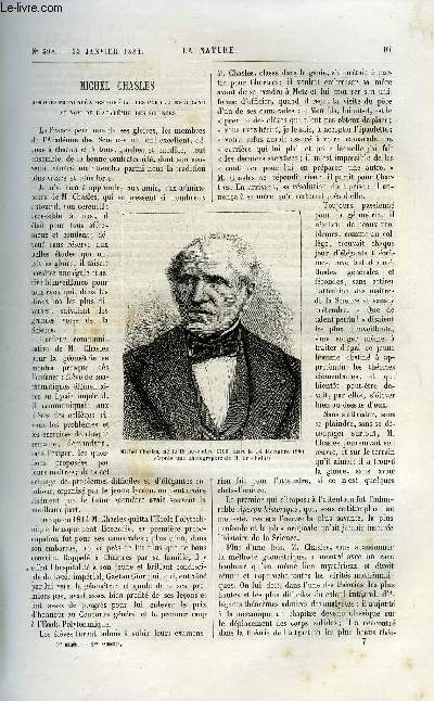 La nature n 398 - Michel Chasles, discours prononc a ses funrailles par M.J. Bertrand, L'unification de l'heure a Paris par A. Niaudet, Les variations morphologiques d'un type de plantes par le marquis de Saporta, Photograhie au glaino bromure