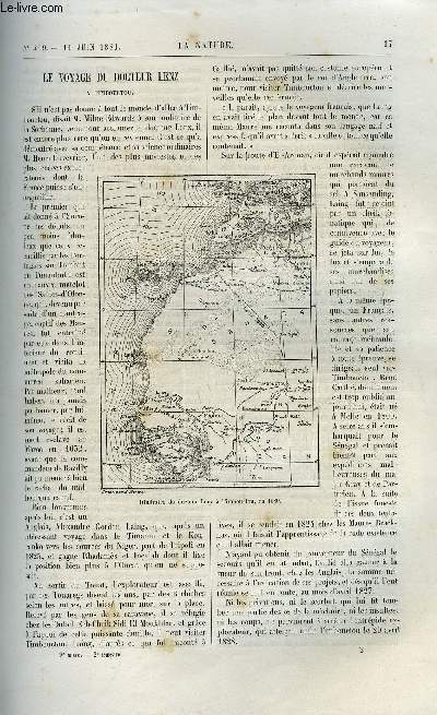 La nature n 419 - Le voyage du docteur Lenz a Timbouctou par Gabriel Marcel, Le bateau lectrique de G. Trouv par Gaston Tissandier, L'agriculture algrienne par P.P. Dehrain, Le tatouage, Physique sans appareils, Station mtorologique portative