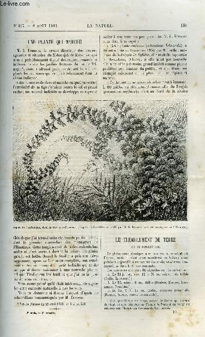 La nature n 427 - Une plante qui marche, Le tremblement de terre du 22 juillet 1881 par F.A. Forel, Une mouche qui donne la mort, Sur les tourbillons annulaires des liquides et des gaz par adrien Gubhard, Nouveaux appareils d'enclanchement destins