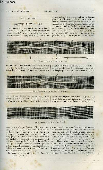 La nature n 429 - Analyse spectrale des comtes B et C 1881 par L. Thollon, Les chemins de fer a crmaillre et la ligne de Rorschach a Heiden en Suisse par L. Bacl, Fabrication des aimants, L'architecture des oiseaux par E. Oustalet, Fabrication