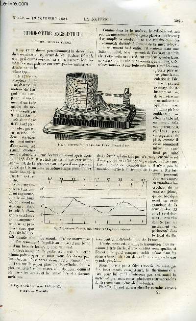 La nature n 442 - Thermomtre enregistreur de MM. Richard Frres par Gaston Tissandier, L'emploi du ptrole comme combustible, L'exposition d'lectricit par Maxime Hlne, Les lectro-smaphores et le block system par L. Bacl, Voyage aux grandes andes