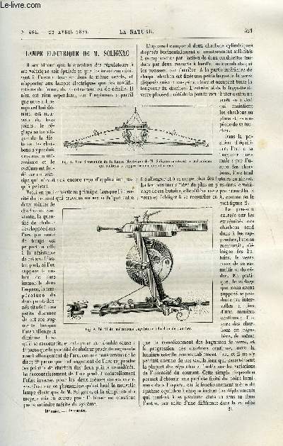 La nature n 464 - Lampes lectrique de M. Solignac, L'archipel havaen et ses volcans par Ch. Vlain, Le fusil photographique par E.J. Mary, L'observatoire mtorologique du Semnoz-Alpes par Th. Moureaux