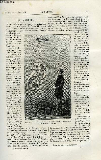 La nature n 466 - Le gastornis par Stanislas Meunier, La collection de M. de Ujfalvy, Expdition franaise dans les rgions australes par Herv Mangon, Chemin de fer lectrique a accumulateurs, Utilisation du mouvement de la mer, projet de M. Victor