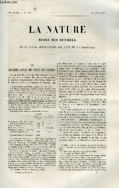 La nature n 470 - Les grandes usines de sable du Sahara par G. Rolland, L'clairgae lectrique des voies publiques, Tissus et bois inflammables, Une nouvelle espce de zbre, le zbre de grvy