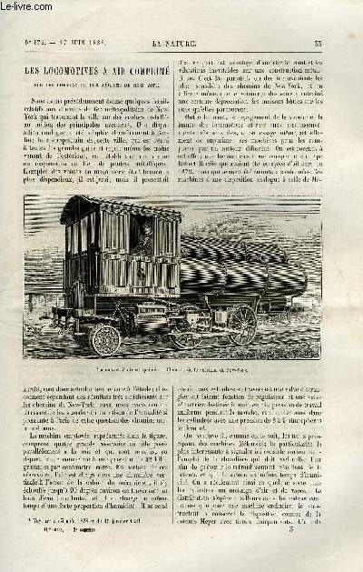 La nature n 472 - Les locomotives a air comprim sur les chemins de fer ariens de New York par L. Bacl, La mer intrieure d'Algrie, Le syllabaire Vei par Dr Ad. Nicolas, L'exposition d'horticulture a Paris, Condensateurs parlants par E.H., Transfusion