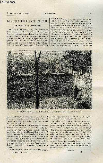 La nature n 479 - Le jardin des plantes de Paris reproduit par la photographie, La lumire lectrique au bureau tlgraphique et a la station de Bruxelles nord, Horloge a moteur hydro-pneumatique de M. Bourdon, Le role de Darwin considr au point de vue