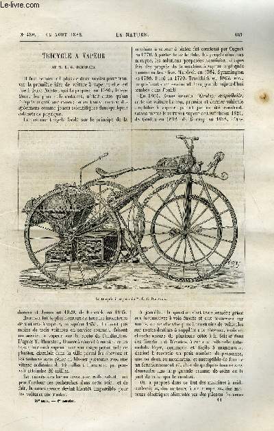 La nature n 480 - Tricycle a vapeur de M.L. G. Perreaux, Le tunnel sous la Manche par Stanislas Meunier, Le perforateur du tunnel de la Manche par F. Raoul Duval, L'exposition de Bordeaux en 1882, L'clairage lectrique du comptoir d'escompte de Paris