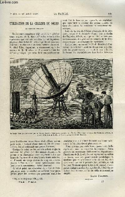 La nature n 482 - Utilisation de la chaleur du soleil par Gaston Tissandier, Anmomtre multiplicateur de M. Eug. Bourdon par Gaston Tissandier, Le percement de l'isthme de Panama par Maxime Hlne, Les variations morphologiques d'un type de plantes par