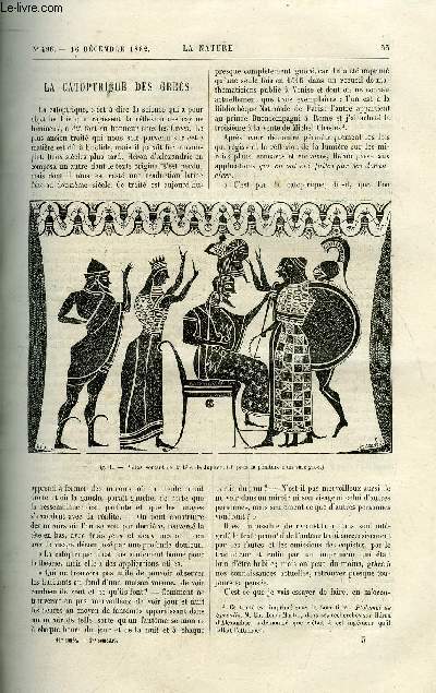 La nature n 498 - La catoptrique des grecs par A. de Rochas, L'horographe scolaire, Nouvelle machine dynamo-lectrique a courants alternatifs par E. Hospitalier, Le zonure gant par E. Sauvage, L'hiver, Les harpes oliennes