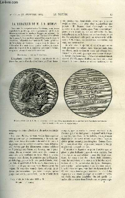 La nature n 499 - La mdaille de M.J.B. Dumas par J.C. Jamin, Sparateur automatique des eaux de pluie, Effets de la foudre au sommet du Puy de Dome, La grande crue de la Seine de dcembre 1882 par Th. Moureaux, Les casernes, systme Tollet par L. Bacl