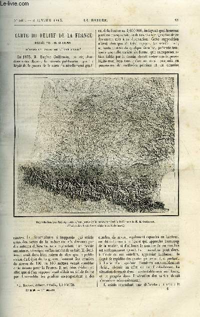 La nature n 501 - Carte du relief de la France dresse par Eug. Guillemin par Gaston Tissandier, Petite turbine pour haute chute de M. Bell, Analyse du lait par Eug. Peligot, La conservation et la dessiccation des fruits par Ch. Joly, L'lectricit