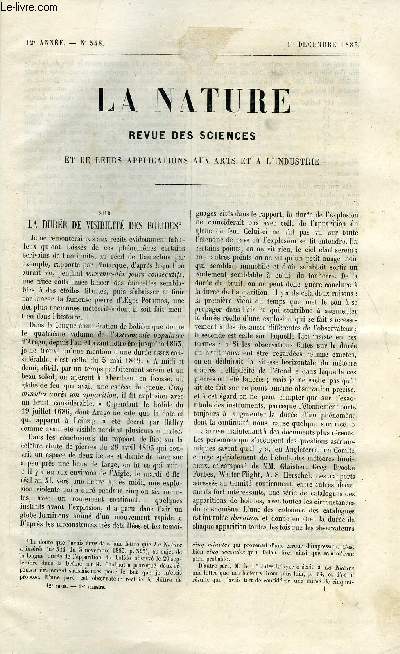 La nature n 548 - Sur la dure de visibilit des bolides par Amde Guillemin, Les peaux rouges au jardin d'acclimatation de Paris par Girard de Rialle, Les mammifres par Carl Vogt, Pile a oxyde de cuivre de MM. de lalande et G. Chaperon, Le nain russe