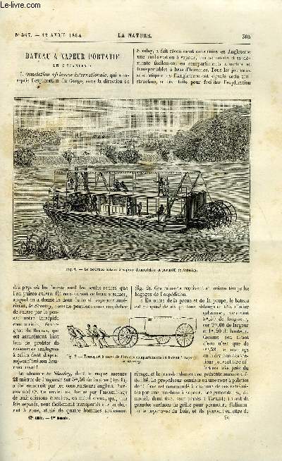 La nature n 567 - Bateau a vapeur portatif, le Stanley par Gaston Tissandier, Chemins de fer a voie unique par Al. Laplaiche, L'acide carbonique liquide, sa production industrielle et ses usages par Ed. Landrin, La mission franaise de la terre de feu