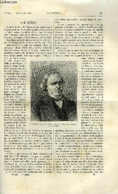 La nature n 568 - J.B. Dumas par Gaston Tissandier, Machine a trancher les roches par H. Vila, Explorations sous marines, voyage du talisman par H. Filhol, Les vivisections, L'art prhistorique en Amrique par marquis de Nadaillac