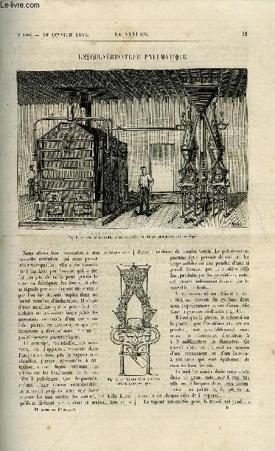 La nature n 606 - Le pulvrisateur pneumatique par Gaston Tissandier, Utilisation des eaux de paris, Une nouvelle pendule amricaine, Crapaux trouv vivant dans une pierre par A. de Rochas, Le chemin de fer et le port de la runion par P. Regnard