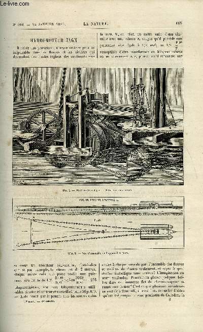 La nature n 608 - Hydromoteur Jagn par L. Poillon, Les animaux froces dans les Indes, Insecte fossile des grs siluriens par Charles Brongniart, L'acide sulfureux et le sulfure de carbone considrs comme dsinfectants par Gaston Tissandier, Etudes