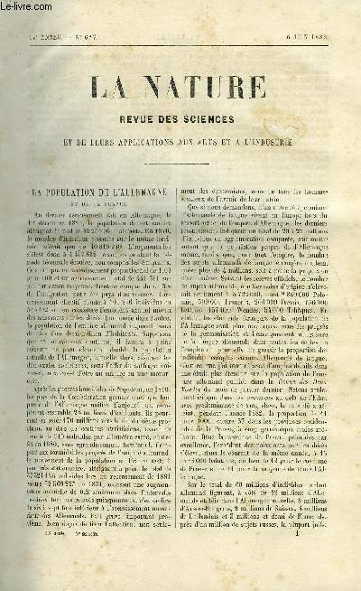 La nature n 627 - La population de l'allemagne et de la France par Charles Grad, L'ohm lgal par E. Hospitalier, Curiosits physiologiques, les pierres d'hirondelle par Guyot Daubs, Le percement de l'isthme de Panama par Maxime Hlne, Ruines yucatques