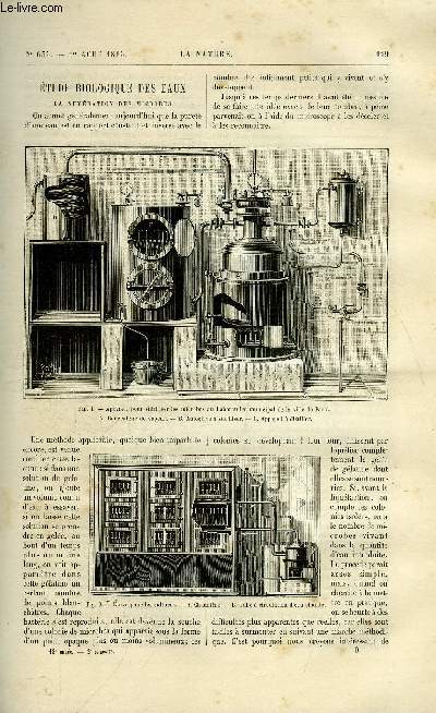 La nature n 635 - Etude biologique des eaux, la numration des microbes, Deux ballons perdus en mer par Gaston Tissandier, La vie au fond des mers par H. Filhol, La tlgraphie optique par G. Mareschal, L'ile de la runion par J. Fleury