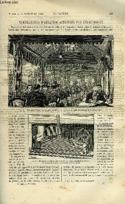 La nature n 640 - Ventilateurs d'aration actionns par l'lectricit par Gaston Tissandier, Les tremblements de terre partiels dans le dpartement du nord, Les organismes problmatiques des anciennes mers par le marquis de Saporta, L'extraction