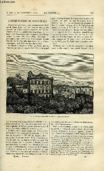 La nature n 643 - L'observatoire de Rio Janeiro par Gaston Tissandier, Le brocken et les mines du harz par Charles Grad, Les appareils industriels de mesure lectrique, Le coendou a queue prenante de l'aquarium du havre, Le frein a vide automatique, Bec