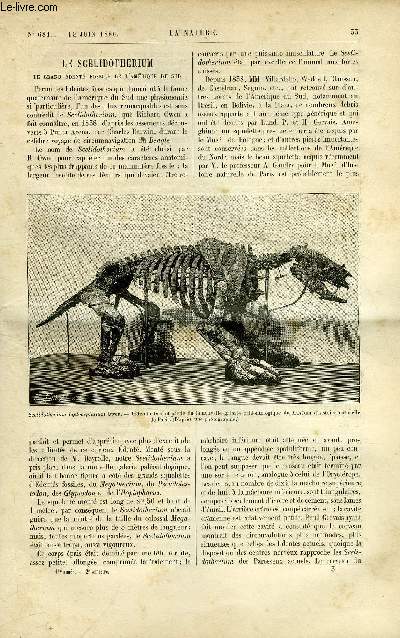 La nature n 681 - Le scelidotherium, le grand dent fossile de l'Amrique du sud par P. Fischer, La lanoline, Lampe lectrique a arc, systme Pieper, Un nouveau fruit comestible par J. Poisson, Industrie de la bonneteroe, Rcrations scientifiques