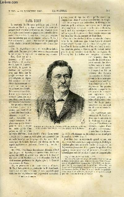La nature n 703 - Paul Bert par Gaston Tissandier, Plates-formes et batteries cuirasses roulantes, Les pigeons voyageurs, La rcolte du sel marin aux salins des pesquiers par Paul Mook, Les jeunes clbres, Culture des fuchsias