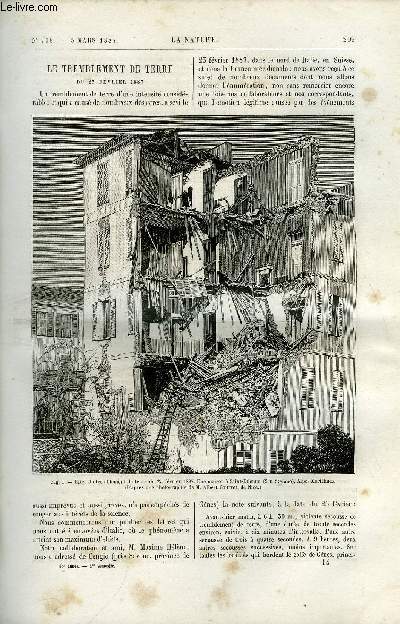 La nature n 718 - Le tremblement de terre du 23 fvrier 1887 par Gaston Tissandier, Le Gabriel Charmes, bateau-canon a grande vitesse, Conseils aux amateurs de jardinage par J. Hortulanus, Les grandes usines hydrauliques pour l'irrigation du Bhra