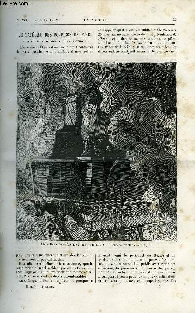 La nature n 733 - Le matriel des pompiers de Paris par Gaston Tissandier, L'exploitation du silex aux temps prhistoriques par Marcelin Boule, Dsinfection des flegmes alcooliques et vieillissement des eaux de vie par l'ozone, Les cloches musicales