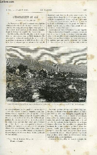 La nature n 741 - L'boulement de zug en Suisse, le 5 juillet 1887 par E. Ribeaud, L'tude du timbre des sons par la mthode des flammes manomtriques, L'clipse totale de soleil du 19 aout 1887, L'clairage oxhydrique, Wagons de chemin de fer