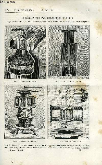 La nature n 746 - Le gnrateur pyromagntique d'Edison par Th. A. Edison, Voiture a vapeur de MM. Roger de Montais et l'hritier, Les trains tramways, L'arostation militaire au Danemark par Gaston Tissandier, Les achantis au jardin d'acclimatation