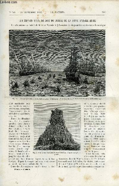 La nature n 747 - Les grands feux de joie du jubile de la reine d'Angleterre par J.A. Berly, Les trains de chemins de fer aux Etats Unis, Gologie de l'ile de Jersey par Stanislas Meunier, Elvation des liquides par l'air comprim, Les nouvelles matires