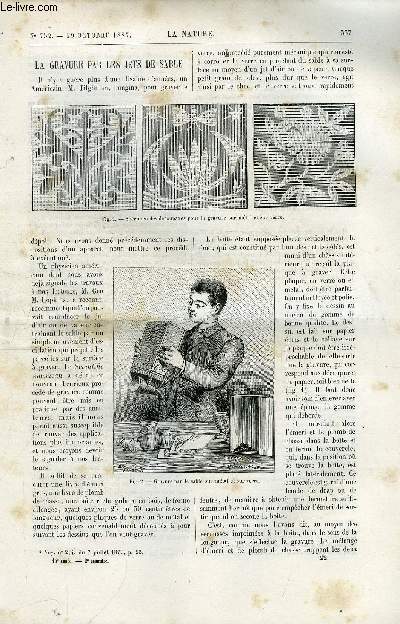 La nature n 752 - La gravure par les jets de sable, L'rection d'un oblisque, Le matreil des pompiers de Paris par Gaston Tissandier, La distillation des fruits et la fabrication de l'eau de vie, Un chemin de fer lectrique dans une salle a manger