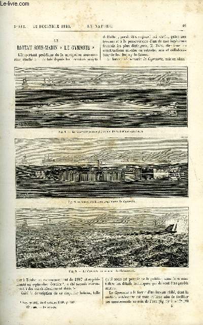 La nature n 812 - Le bateau sous marin Le Gymnote par Gaston Tissandier, Les travaux de l'observatoire Lick, L'lphant du jardin des plantes, La lanterne magique lectrique par Daniel Bellet, Les palmiers par J. Poisson, Les phnomnes d'inversion