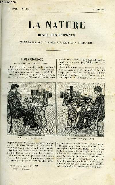 La nature n 835 - Le graphophone de M. Charles Sumner Tainter par E. Hospitalier, Gaston Plant par Gaston Tissandier, L'tablissement national de pisciculture de Bouzey prs Epinal, Les sciences anthropologiques a l'exposition universelle de 1889