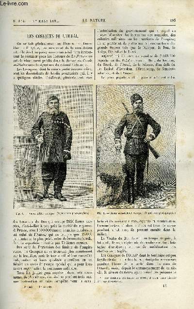 La nature n 874 - Les cosaques de l'oural, Pierre Bayen, Le mirage de la tour Eiffel et les mirages suprieures par Gaston Tissandier, Les eaux souterraines des causses par E.A. Martel, Chinoiserie arithmtique, un carr magique de 54 sicles par Edouard