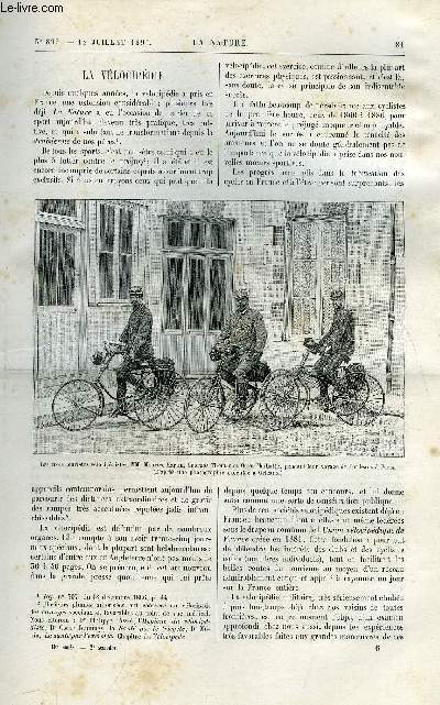 La nature n 893 - Le velocipdie par Gaston Tissandier, Le niveau d'eau a longue porte de Ch. Lallemand, La caverne de Cacahuamilpa au Mexique, L'industrie du chlore par A. Hebert, Chambre noire de campagne