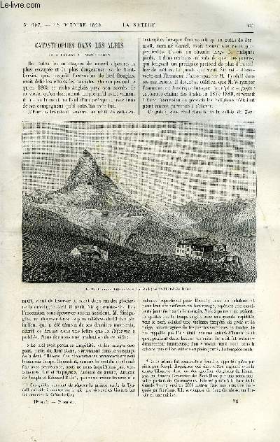 La nature n 907 - Catastrophes dans les Alpes par W. de Fonvielle, Calculateur mcanique instantan de M. Troncet par G. Mareschal, La science des fraudeurs, Les arostats captifs de la marine franaise, La dissmination des plantes par V. Brandicourt