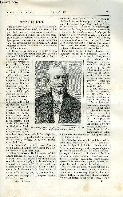 La nature n 938 - Edmond Becquerel par Gaston Tissandier, L'aluminium par Ch. Ed. Guillaume, Mesure de la vitesse des astres dans la direction du rayon visuel, L'analyse des vins par A. Hbert, La mante diabolique par G.A. Poujade, Abimes et grottes