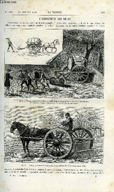 La nature n 947 - L'arrosement des villes, Les animaux des temps secondaires d'aprs les dcouvertes de M. Albert Gaudry par Stanislas Meunier, L'puration de l'eau d'alimentation des locomotives par A. Hber, La photographie sur fond noir sans fond noir